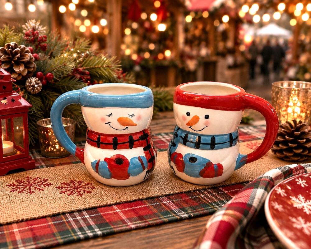 Set of Bay Island Snowman Christmas themed Ceramic Coffee Hot chocolate mugs
